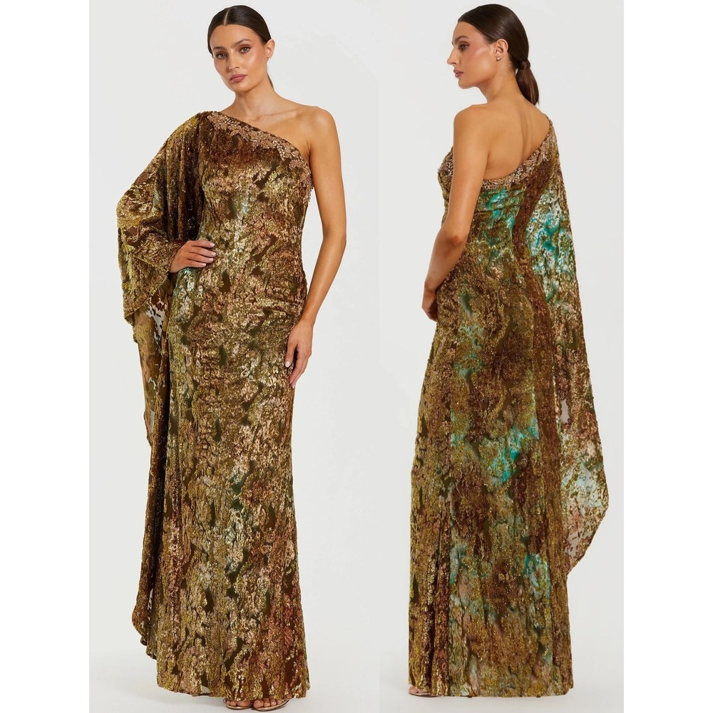 NEW Mac Duggal Gold One Shoulder Metallic Burnout Velvet Evening Gown - Size 14